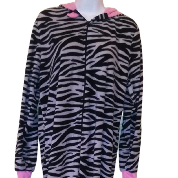 Zebra Print Black White Footed Hooded Pajama Large - Picture 2 of 3